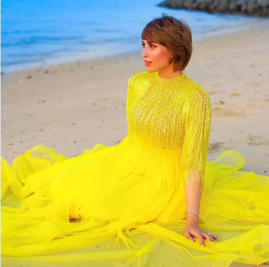 

New 2020 Yellow Evening Dresses Tassel Dubai Arabic Prom Gowns Banquest Dress High Neck Tulle Prom Formal Dress Custom Made