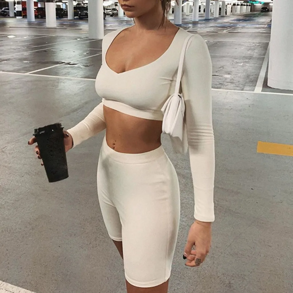 

Women Sexy Casual Summer Long Sleeve Sets Tops And Bodycon Shorts Biker Sets Fashion Tracksuit Two Piece Set Outfits#g30