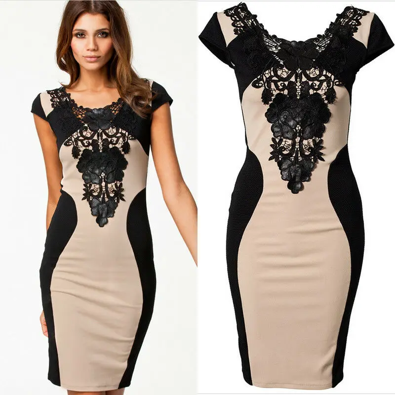 

Vestidos Fashion Women Floral Lace Short Sleeve Cocktail Casual Slim Party Dress Women Slim Lace Dress Plus Size