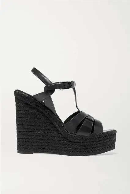 

Women's Shoes Tribute Woven Leather Espadrille Wedge Sandals Platform Black Paris Fashion