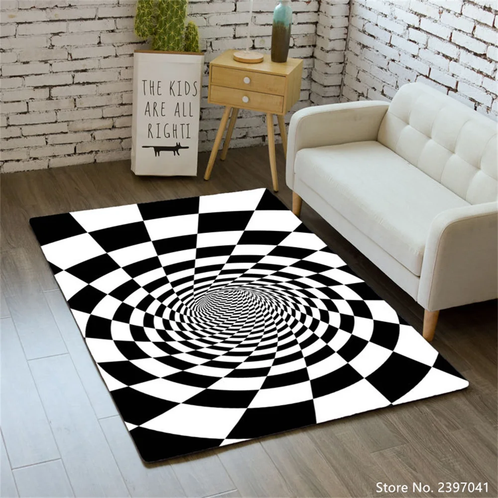 

Vertigo Mat Velvet Bedroom Bed Black Checked Illusion Square Carpet Soft Plush Carpet Family Children Sofa Table Decorative Mat