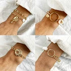 Новый Винтажный золотистый геометрический розовый искусственный жемчуг голова монета модные браслеты для женщин многослойный Комплект браслетов в стиле бохо ювелирные изделия
