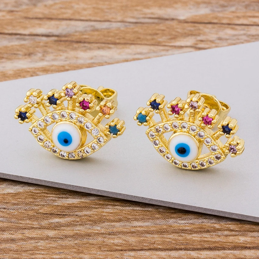 

Classic Gold Color Evil Eye Stud Earrings Rainbow Crystal Indian Jewelry For Women Girls Best Party Wedding Birthday Gift
