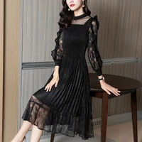 vintage o neck ruffle full sleeves black dress middle length illusion lace loose office lady blue dresses for women party 2021