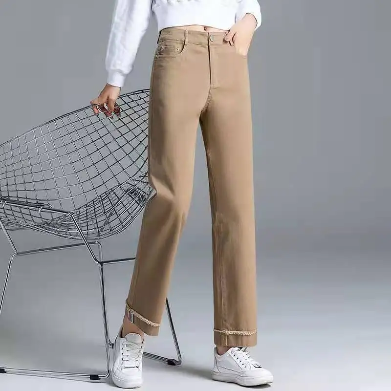

Spring 2021 Straight Pants Nine Cutters Loose and Slimming Fashion High Waist Elastic Pipe Pants for Women