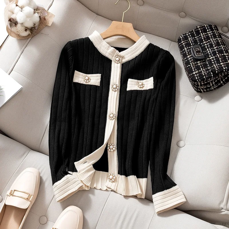 

Ladies Elegant Crystal Buttons Knitted Cardigan Women Sweater Coat Slim Fit Short Long Sleeve Knitwear Colors Panelled Jacket