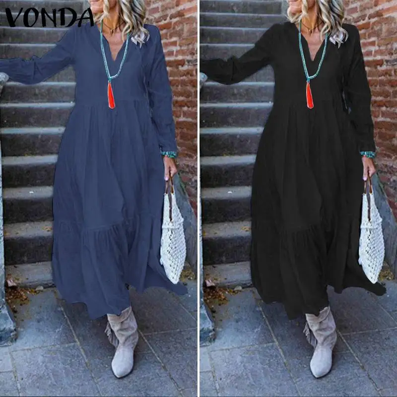 Женское повседневное однотонное платье VONDA свободное Плиссированное длинное с