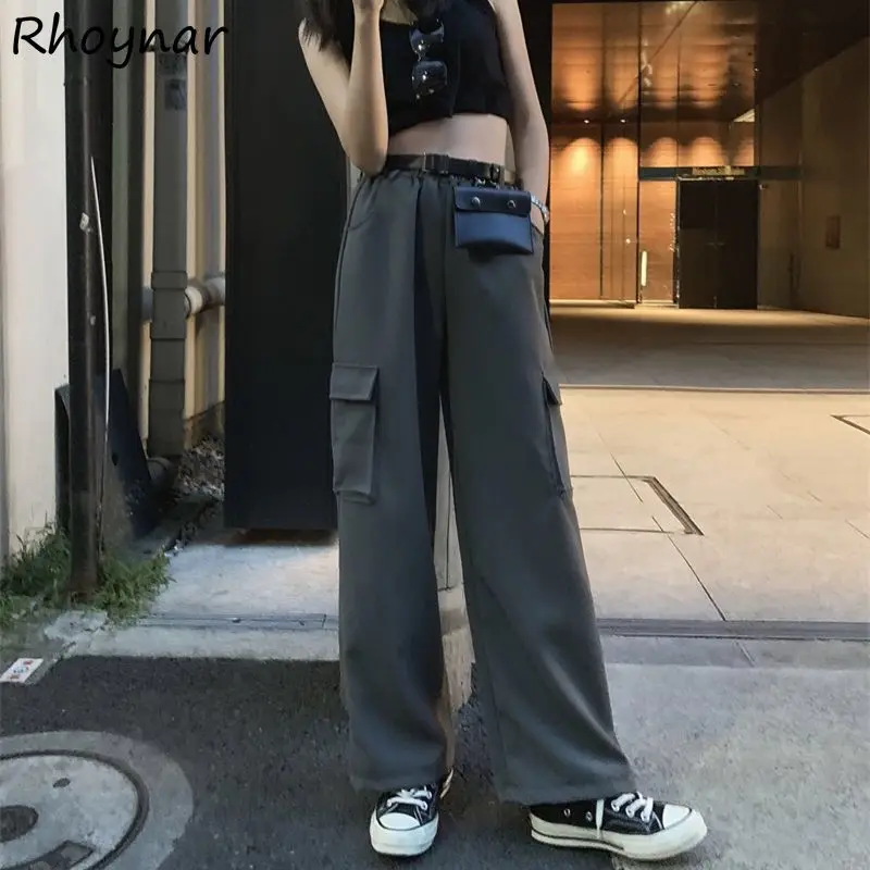 

Cargo Pants Vintage Solid Leisure High Waist Wide Leg Trousers Loose Elegant Harajuku Streetwear Pockets All-match College Thick