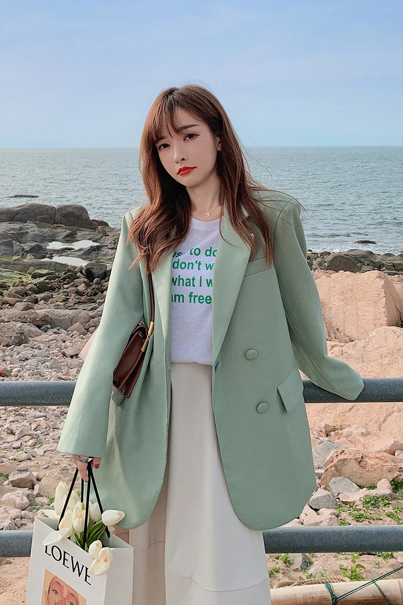 

Korean-Style Women's Casual Loose Buttons Work Office Blazers Suit Fashion Double Breasted Brief Jacket Blazer Femenino