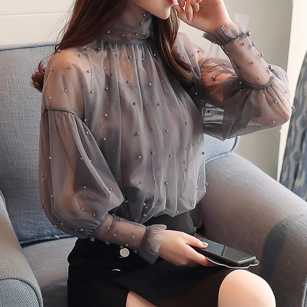 

Women Spring Beading Mesh Blouses Sweet Lantern Sleeve Pearls Gauze Blouses Ladies Elegant Shirt Tops Stand Collar Chiffon New
