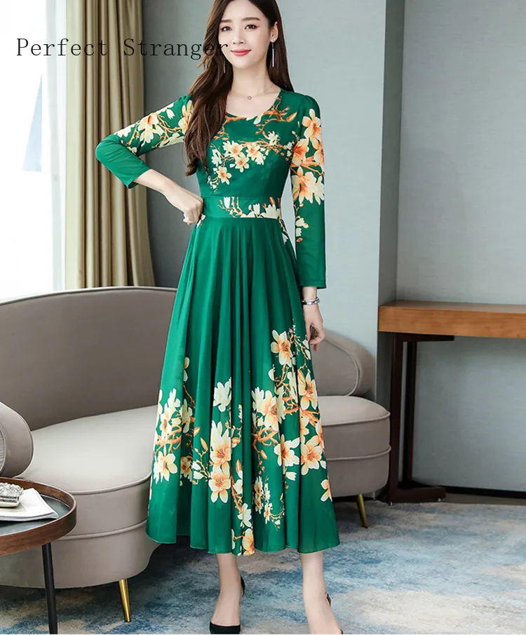 

2020 Spring New Arrival High Quality Plus Size M-3XL Elegant Flower Printed Round Collar Long Sleeve Women Chiffon Long Dress