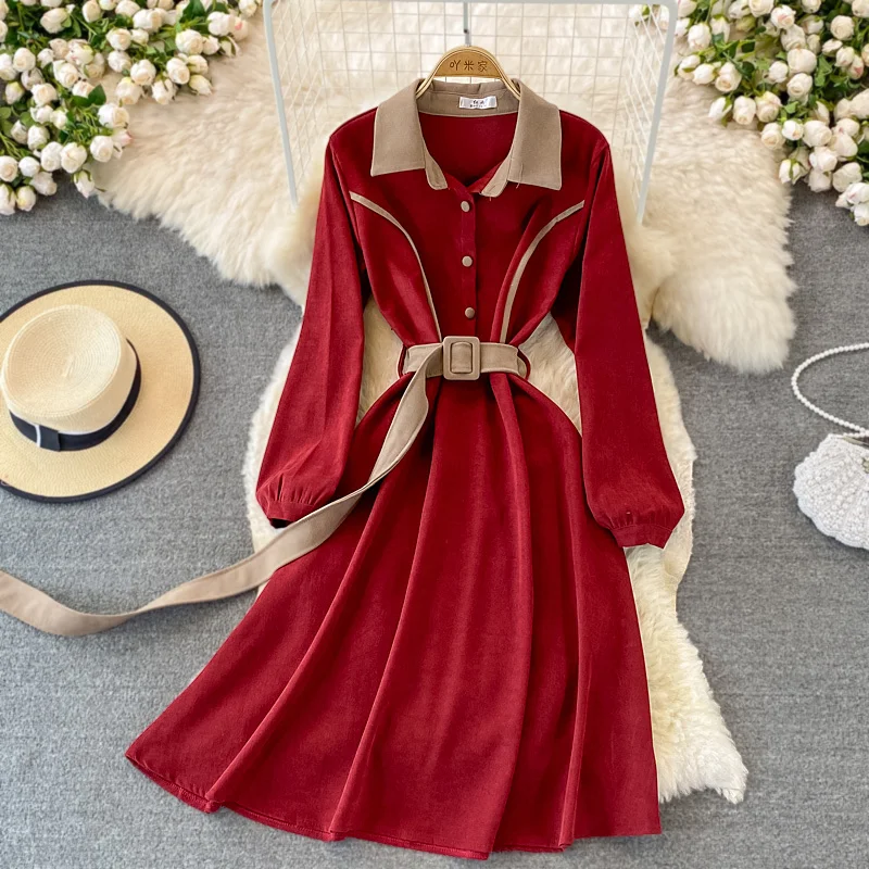 

Vintage Women Dress Color Match Turn-down Collar Long Sleeve Autumn Dress 2021 French Retro Buttons Belted A-line Corduroy Dress