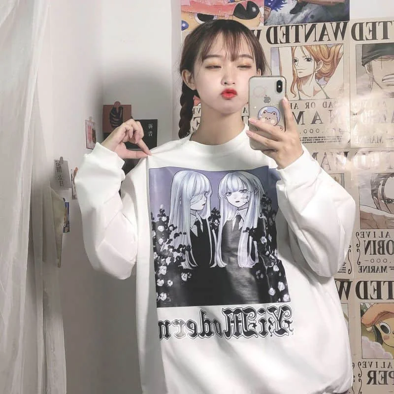 

Sweatshirts men's and women's cartoon print autumn and winter new Harajuku dark black loose Plush long sleeve top fashion Print