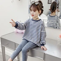 child t shirts 2019 spring autumn toddler kids girls long sleeve o neck blue stripe top t shirt clothes for girls 6 7 8 12 years