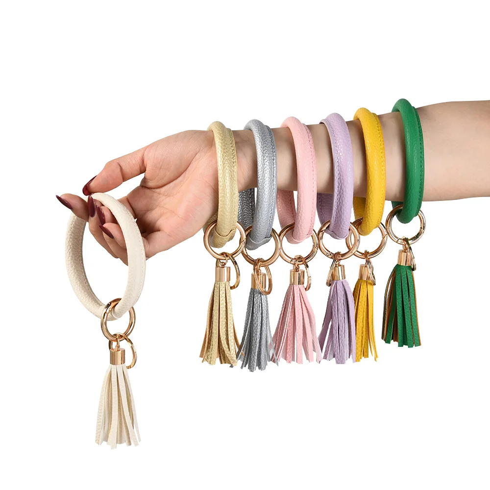Fashion Pu Leather Bracelet Round Drop Tassel Pendant Bracelet&Bangle Keychain for Women Girl Wrist Strap Gift for Girlfriend