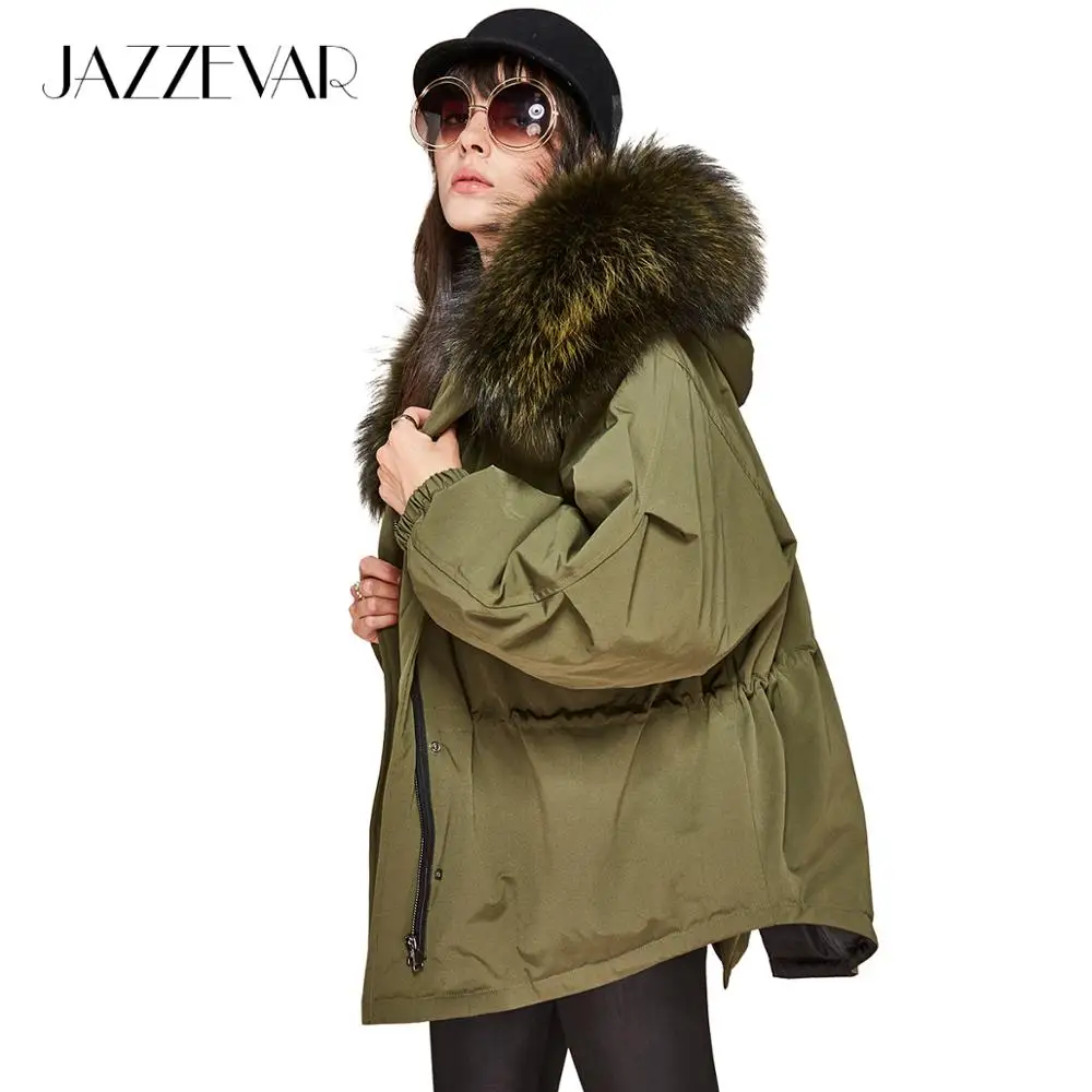 JAZZEVAR New Winter Women Down Jacket Oversize Dovetail 90% White Duck Coat Large Real Raccoon Fur Hooded Parka