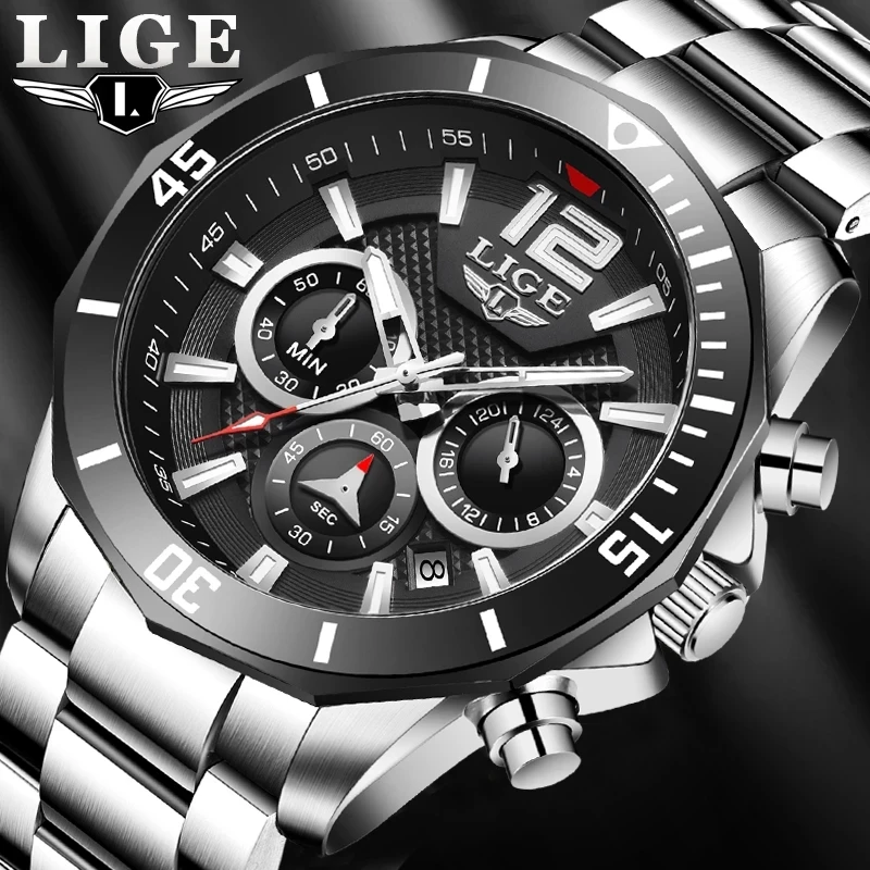 

Relogio Masculino LIGE New Sport Chronograph Mens Watches Top Brand Luxury Full Steel Quartz Clock Waterproof Big Dial Watch Men