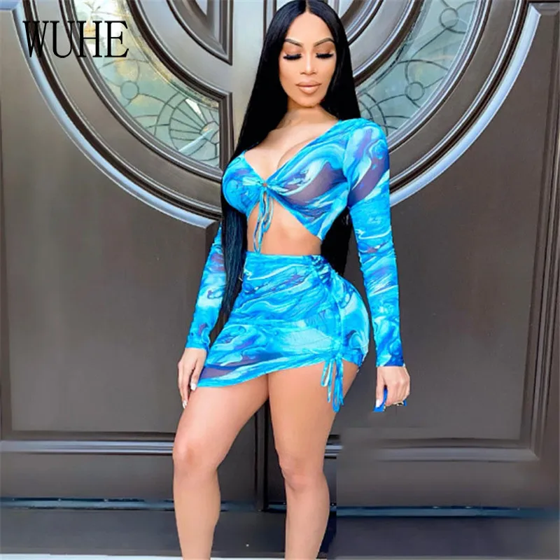 

YEYA Mesh Print 2 Suits See Through Long Sleeve Sexy V Neck Top+drawstring Lace Up Mini Skirts Casual Party Nightclub Outfits