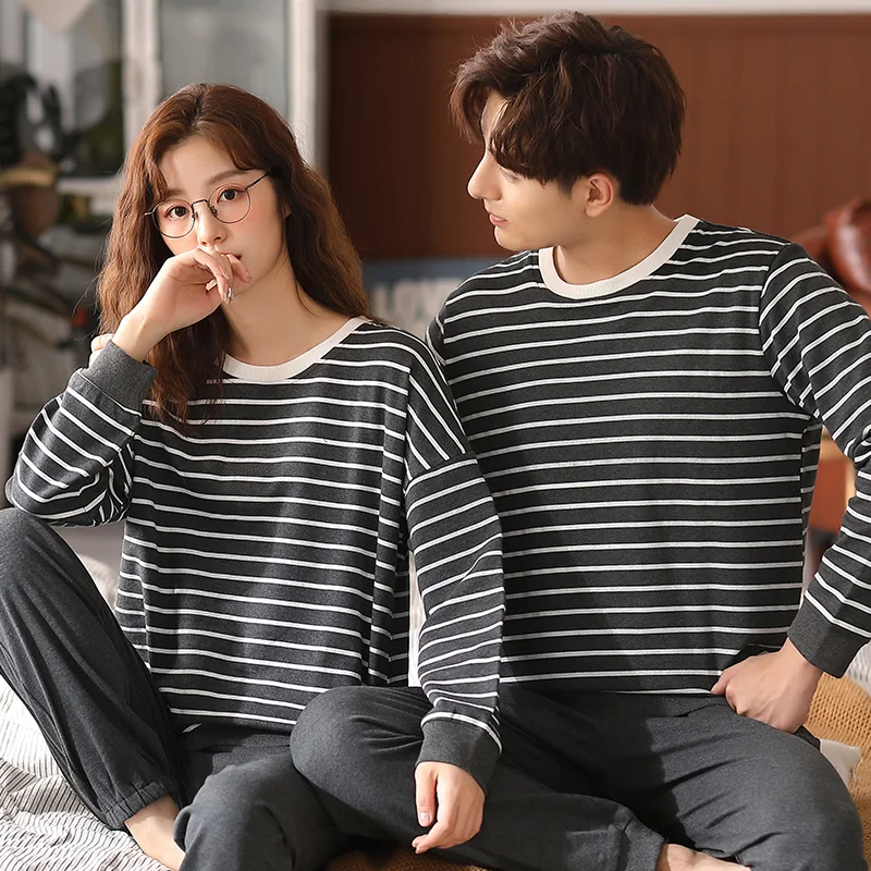 

Пижамный комплект для пар, одежда для сна из 100% хлопка в полоску, женские и мужские пижамы с длинным рукавом для отдыха