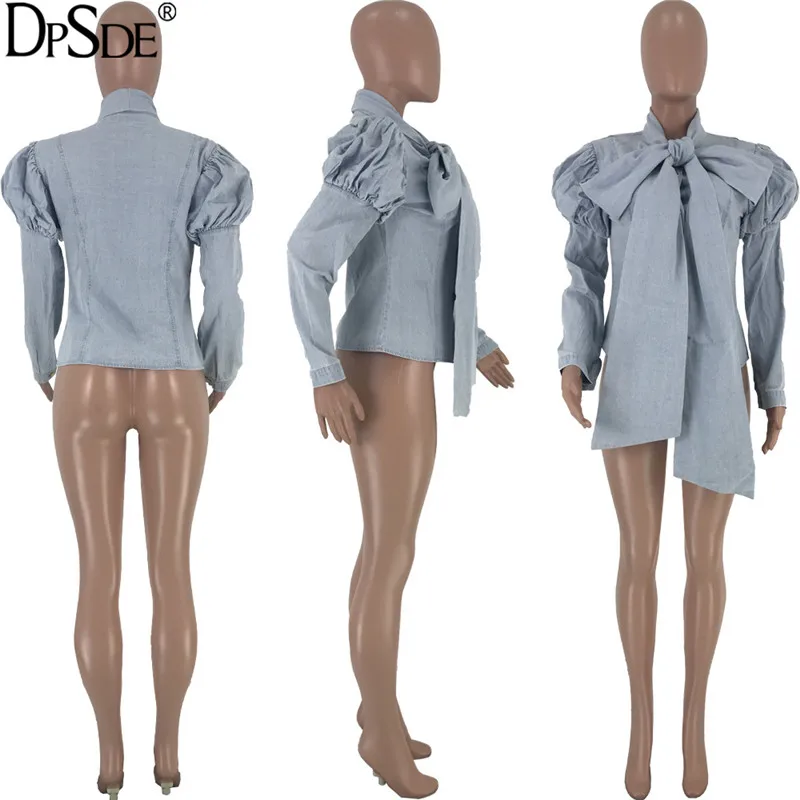 DPSDE Big Bowknot Casual Denim Top Full Bubble Sleeve Streetwear Short Light Blue 2020 Autumm Show Thin Age Reduction | Женская одежда