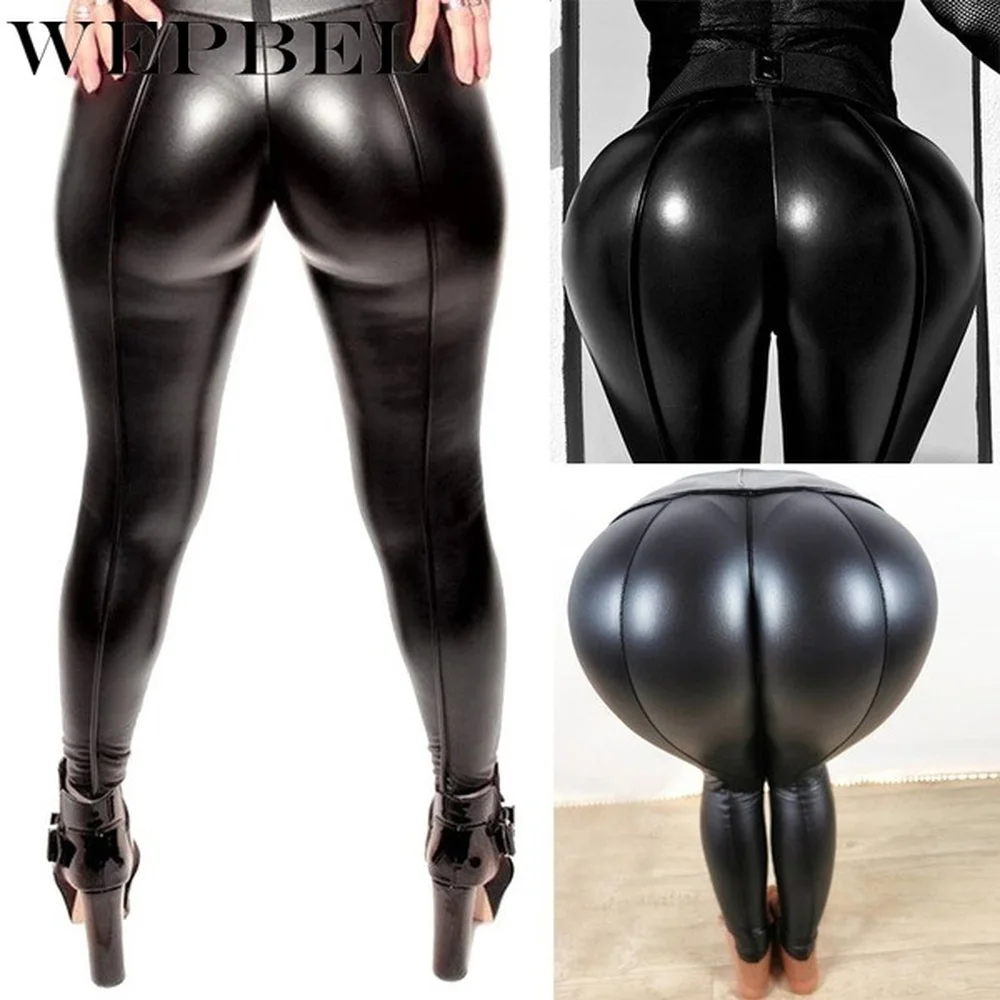 

WEPBEL Women PU Pants Stretch Material Pencil Leather Legging High-waist Pants Black Footless Leggings