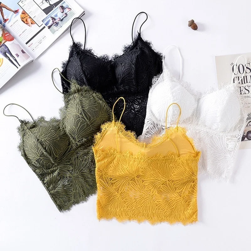 

Women Deep V Lace Bras 2022 Female Summer Top Intimates Ladies Embroidery Floral Vest Bra Wrapped Chest Camisole Padded Bralette