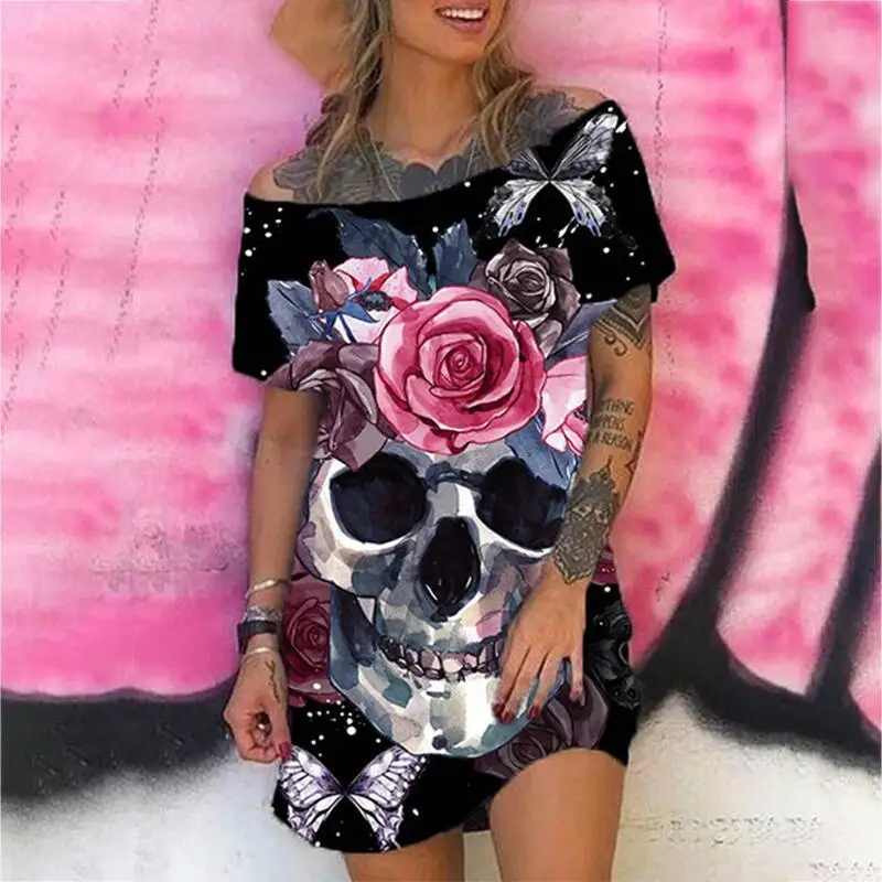 

Skull Dresses Women Plus Size Fashion Casual Short Sleeve Sumemr Slash Neck Dress Womens Streetwear LUGENTOLO