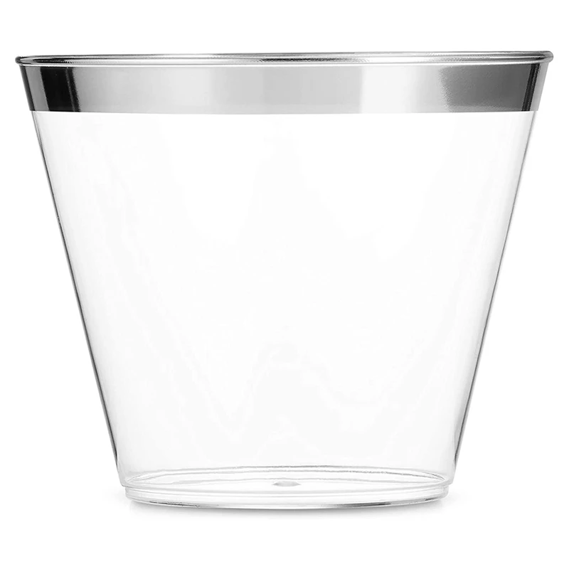 

HOT Silver Plastic Cups Clear Plastic Wine Cups Silver Rimmed Cups Disposable Cups Party Cups With Silver Rim