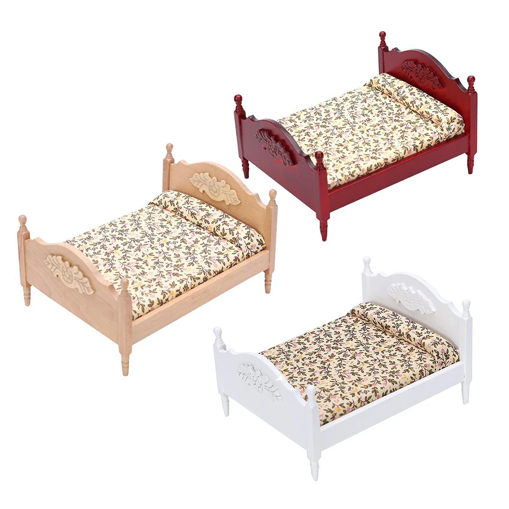 

Dolls House Furniture Wooden Toys Set Wood Double Bed