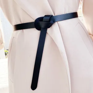 Ремень из натуральной воловьей кожи Женский, модный однотонный тонкий длинный пояс с узлом из воловьей кожи, дизайнерский аксессуар для платья