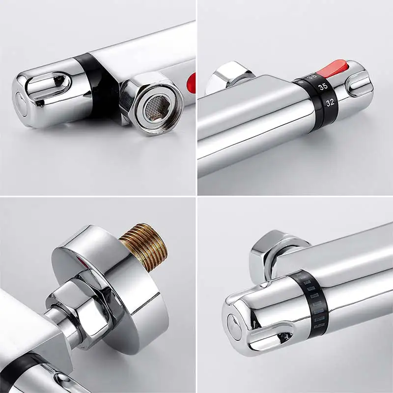 

Bath Shower Faucet Thermostatic Faucets Wall Mounted Mixer Valve Tap Temperature Control Rain Shower Chrome Bathroom Twin Outlet