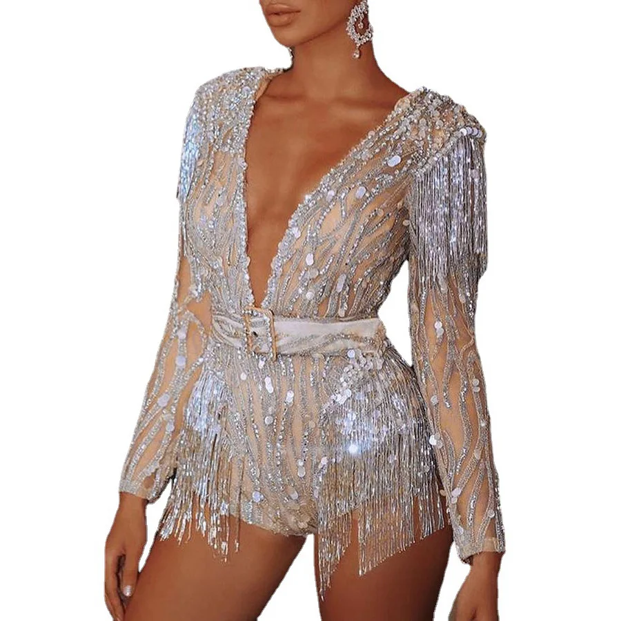 

2021 Spring and Summer New Tassel Deep V Temperament Short Sexy Nightclub Jumpsuit Sequined Long-Sleeved Evening Dress LOUAEE