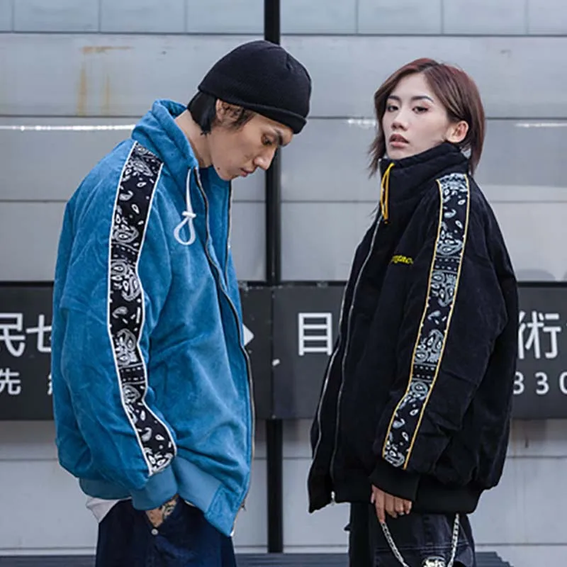 

Mens Corduroy Bomber Jackets Harajuku Patchwork Baseball Jacket 2020 AW Unisex Oversized Paisley Pattern Cotton Streetwear Tops