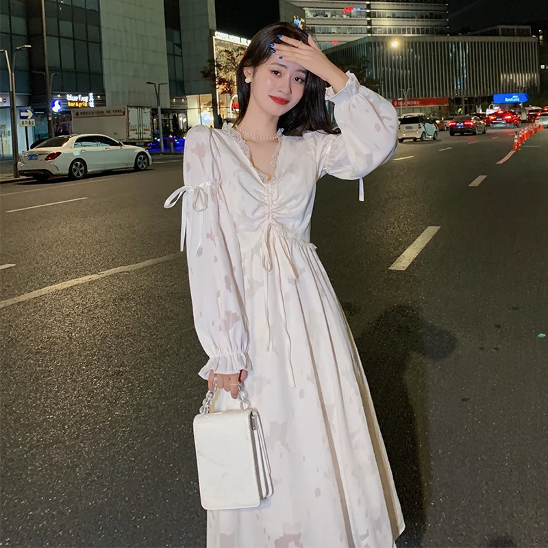 

Spring and autumn French long sleeve Plush bottomed dress female winter gentle sweet long fafa_ootd