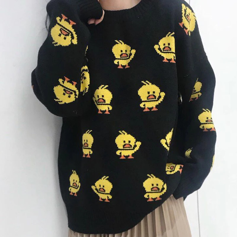 green apricot gray white black little yellow duck sweater o neck knitted pullovers long sleeve winter autumn M0075 | Женская одежда