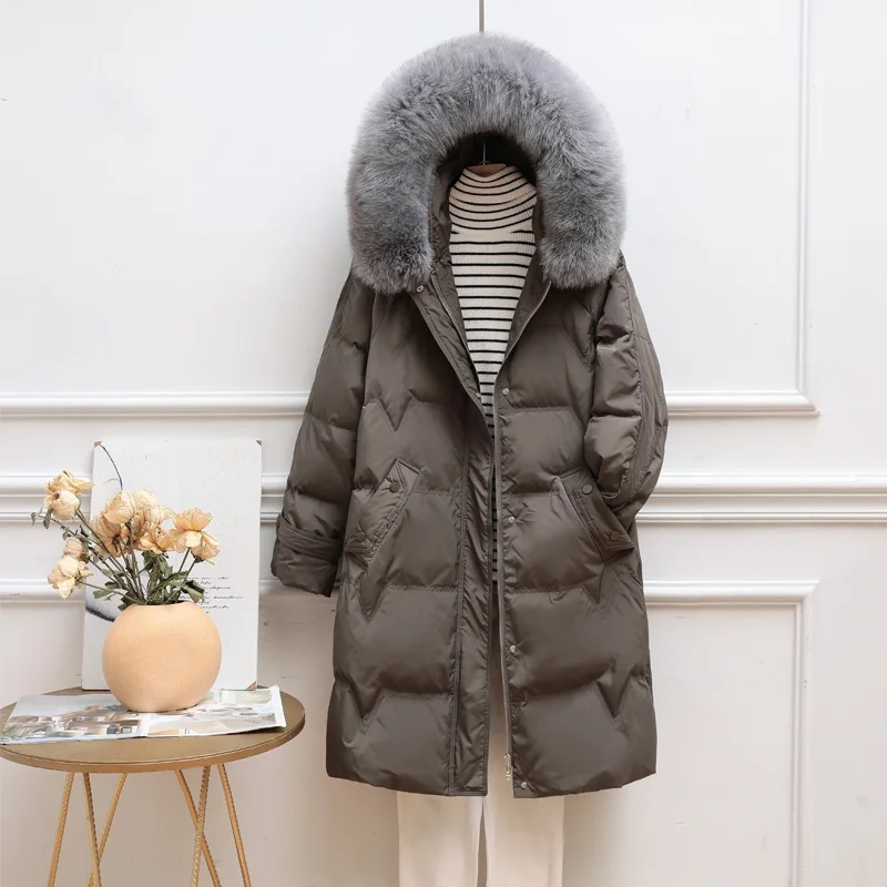 

Winter Large Fox Real Fur Collar Hooded Feather Jacket Women Bubble Cuff Warm Down Coat Casual Straight Loose Outwear