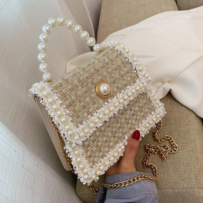 

Luxury Shoulder Bags For Women Autumn And Winter New Fashion Ladies Woolen Cloth Pearl Chain Square Handbag Crossbody Bag