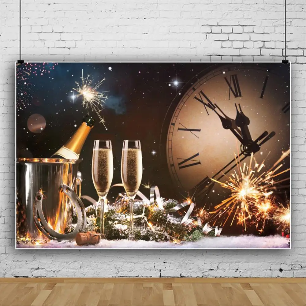 

Christmas Happy New Year Clock Winegalss Starry Night Firework Backdrop Photography Backdrop Photografic Bsckgrounds Photozone