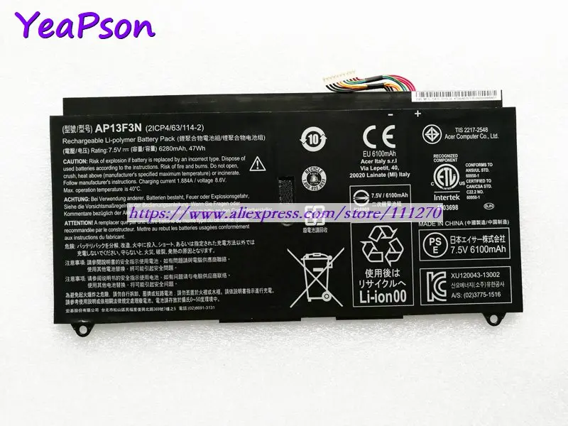 Yeapson 7 5 в 6280 мАч подлинный AP13F3N Аккумулятор для ноутбука Acer Aspire Серии - купить по