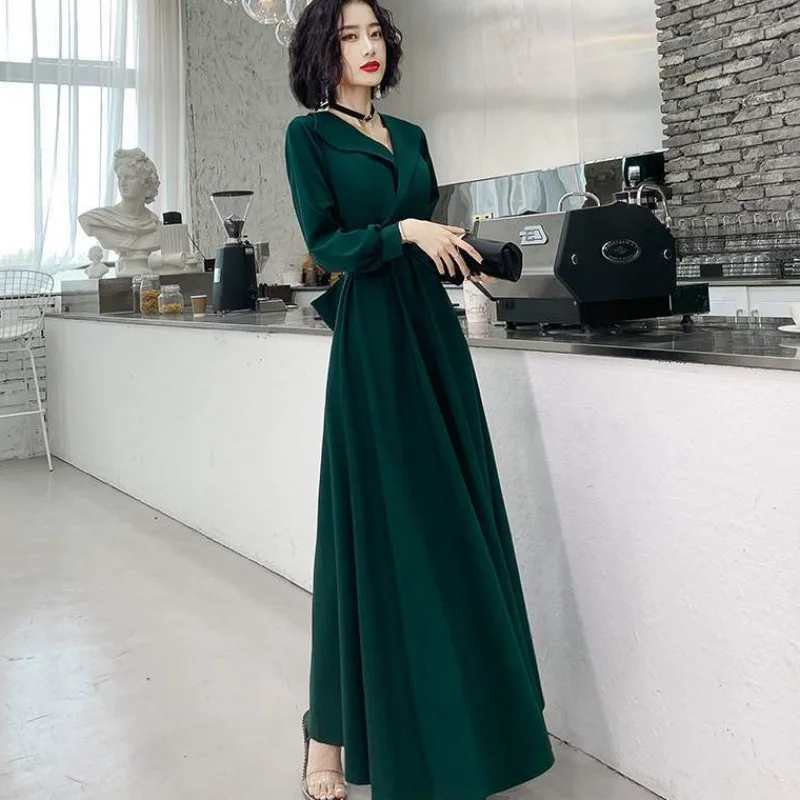 

High waist New 2021 Fashion long Green Black Dress Slim ladies sexy V-neck Party Dress Q429