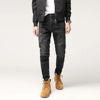 american street fashion men jeans black color elastic slim fit spliced designer biker jeans men hip hop stretch denim punk pants