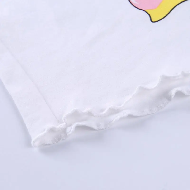 

Women Summer Short Sleeve T-Shirt Cartoon Comic Bad Angel Girl Letters Printed Crop Top Ruffles Trim Kawaii Streetwear
