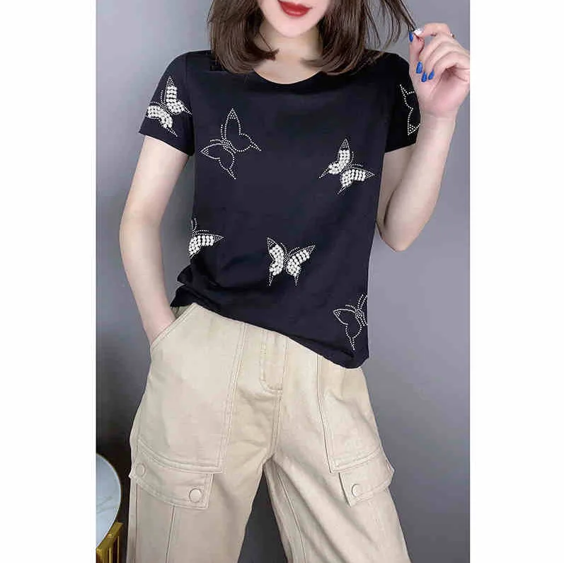 

Casual hot diamond butterfly black beaded thin short-sleeved T-shirt European station 2021 spring and summer women's new style