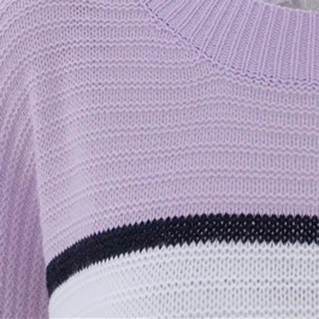 

Women's Autumn Knitted Sweater Casual Striped Patchwork O-Neck Long Sleeve Pullover Tops Female Clothes Mujer Vintage Sweater