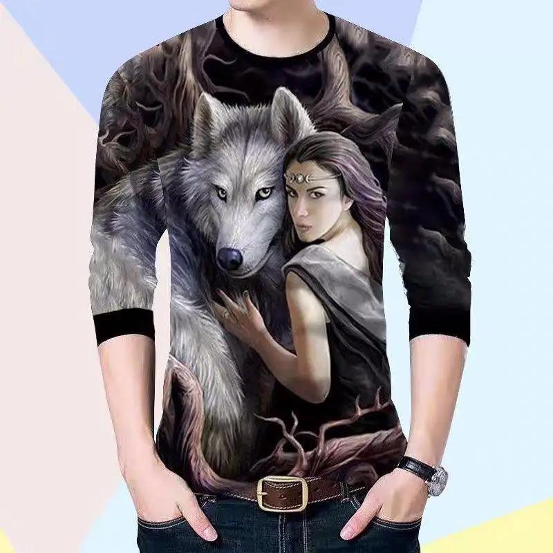 

2021 tide brand t-shirt men's spring and autumn men's long-sleeved T-shirt Chinese style men's round neck shirt 3D printing bott