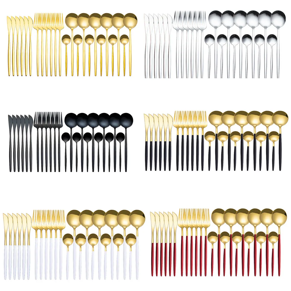 

24Pcs Gold Dinnerware Set Mirror Stainless Steel Tableware Set Knife Fork Coffee Spoon Flatware Set Dishwasher Safe Cutlery Set