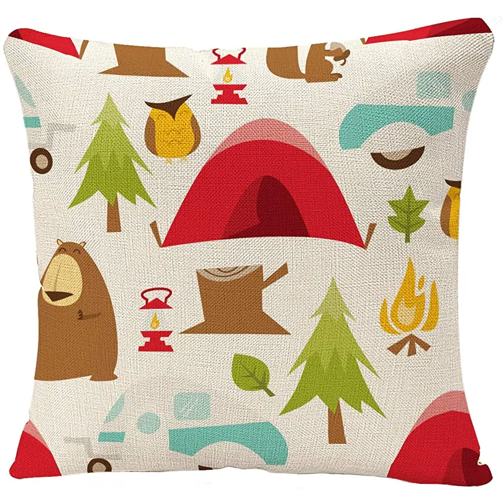 

Throw Pillow Cover Squirrel Cartoon of Retro Happy Camper Camping Adventure Bear Decorative Pillow Case Square