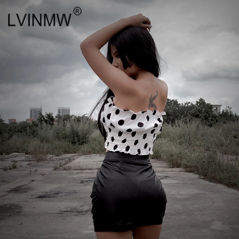 LVINMW сексуальный укороченный топ в горошек, модный топ с вырезом лодочкой и оборками, плиссированные топы с открытыми плечами, женская уличная одежда с открытой спиной, топы