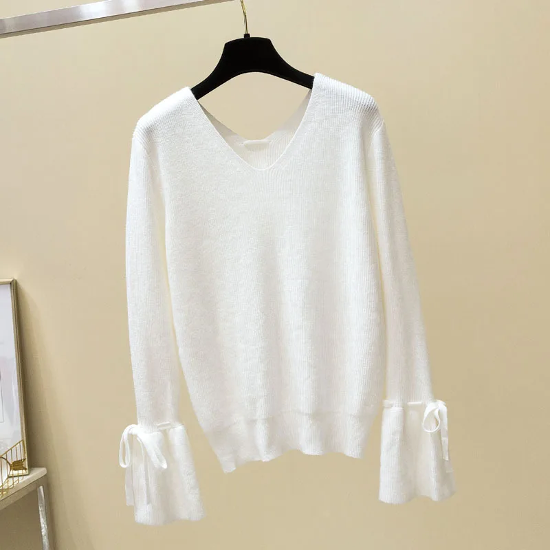 

2021 Women Sweater Korean Spring Autumn V Neck Lantern Sleeve Solid pullovers Casual Long Sleeve Lace Up Sweater Women