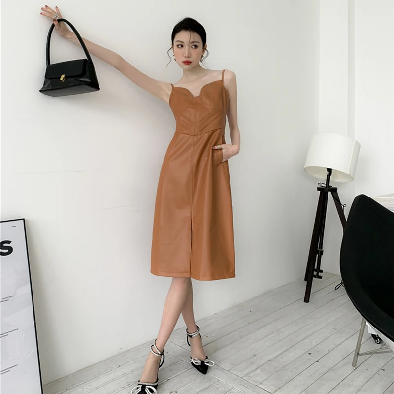 

XIZIHUPAN Vintage Coffee Sling Dress For Women V Neck Sleeveless High Waist Front Split A Line Solid Dresses Female 2021 Summer